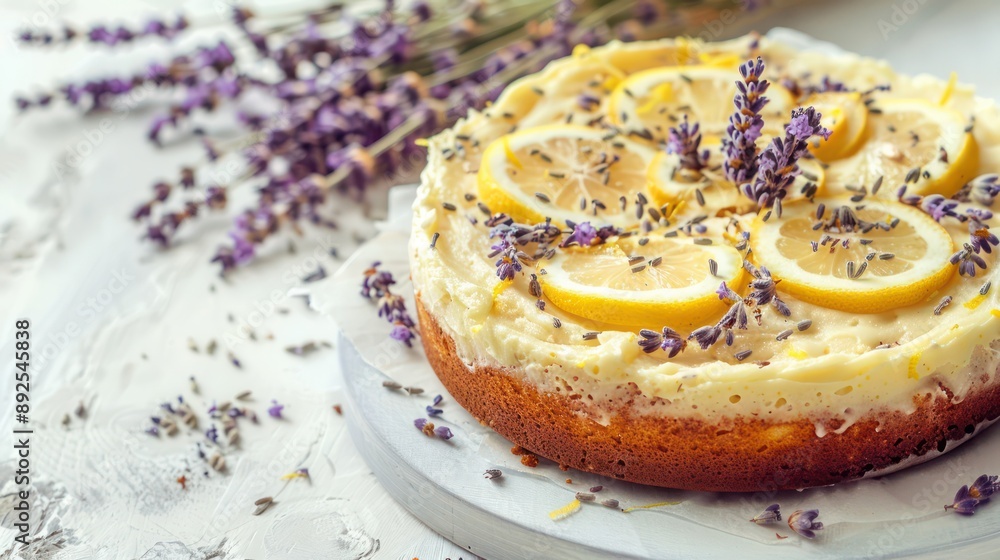 Fototapete rustic lemon and lavender cake with lavender buds on a light lavender background, cozy and inviting for relaxing text