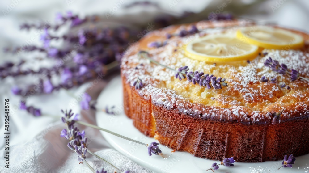 Fototapete rustic lemon and lavender cake with lavender buds on a light lavender background, cozy and inviting for relaxing text