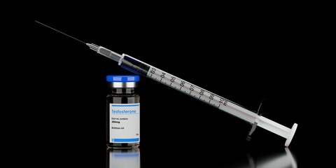 Single testosterone steroid vial with syringe on black background, anabolic steroid for muscle growth