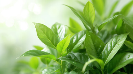 Fototapeta premium Close-up of fresh, green leaves with water droplets, illuminated by soft, natural light. The vibrant, healthy foliage creates a serene and refreshing atmosphere.