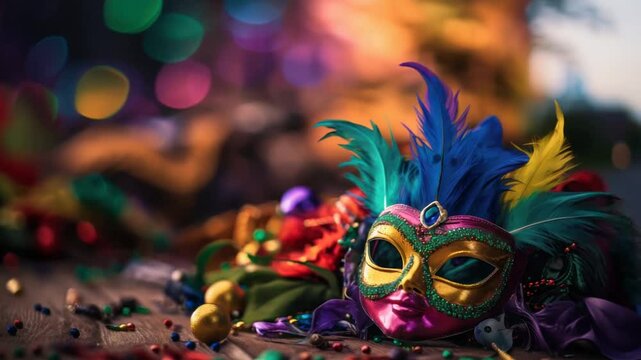 Carnival mask with colorful beads on the street in Venice, Italy. Mardi Gras background.
