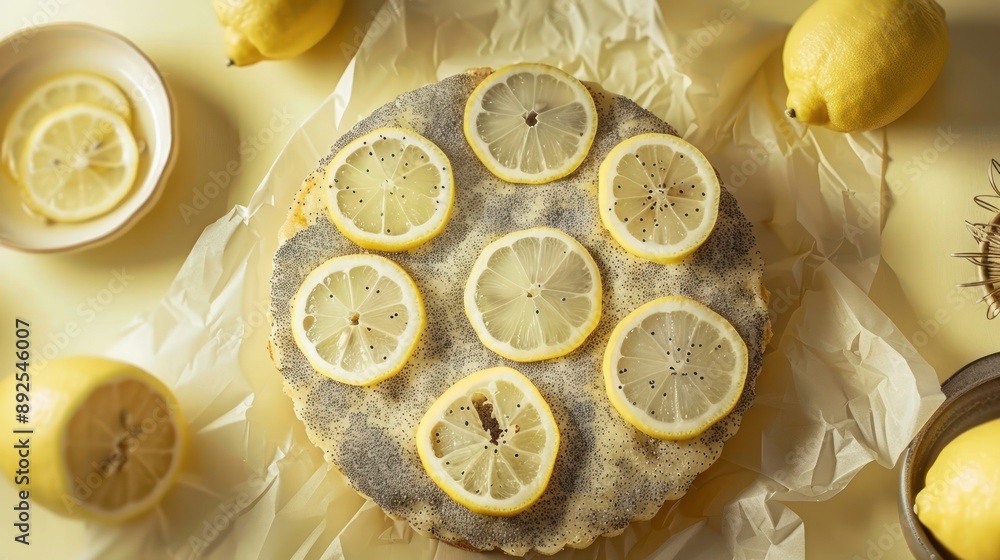 Fototapete rustic lemon and poppy seed cake with lemon slices on a soft yellow background, refreshing and perfe