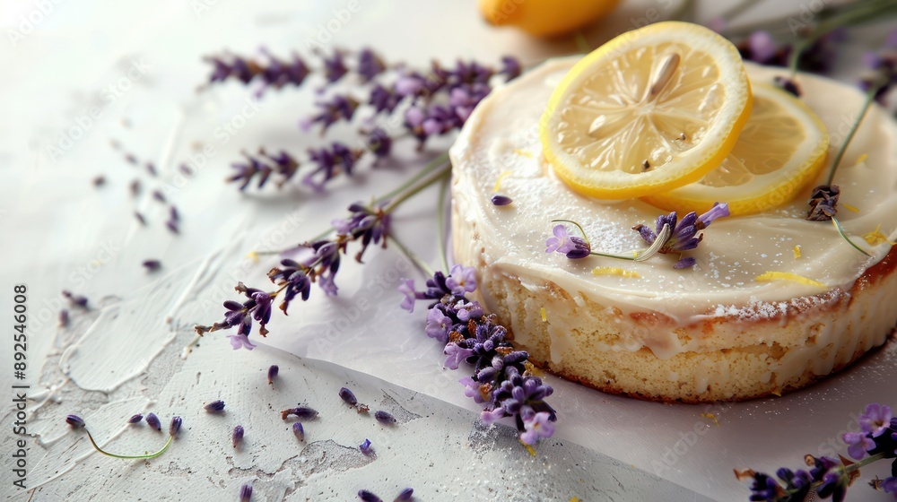 Fototapete rustic lemon and lavender cake with lavender buds on a light lavender background, cozy and inviting for relaxing text