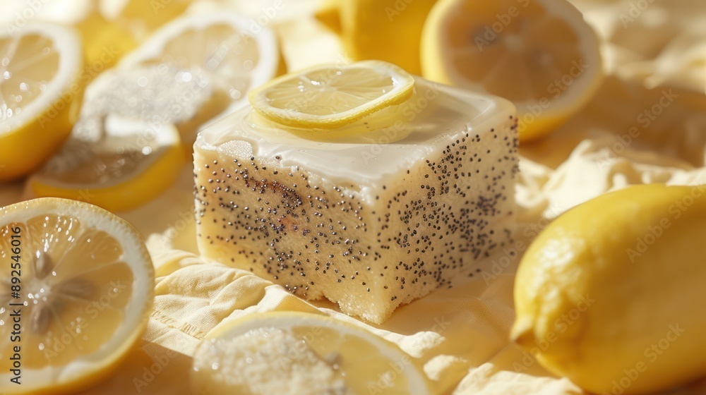 Fototapete rustic lemon and poppy seed cake with lemon slices on a soft yellow background, refreshing and perfect for spring text