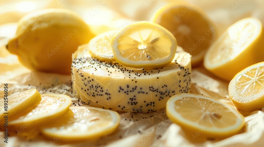 Fototapete rustic lemon and poppy seed cake with lemon slices on a soft yellow background, refreshing and perfect for spring text