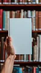 Hand holding a blank white book cover in a bookstore