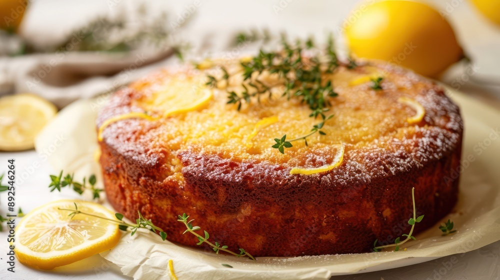 Fototapete rustic lemon and thyme cake with fresh thyme sprigs on a light yellow background, refreshing and per