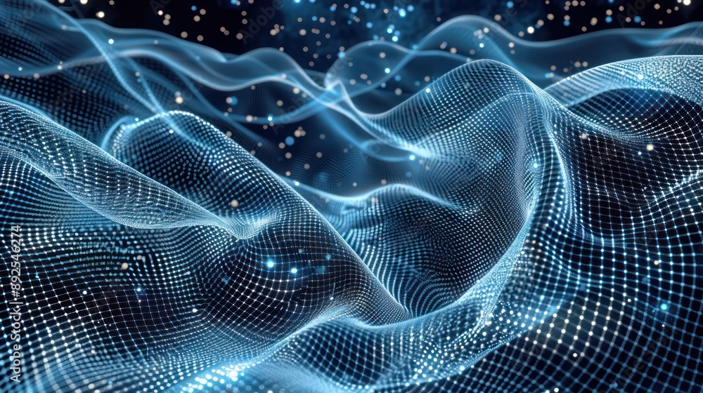 Poster silver digital mesh against a cosmic blue background, creating a high-tech feel suitable for text in