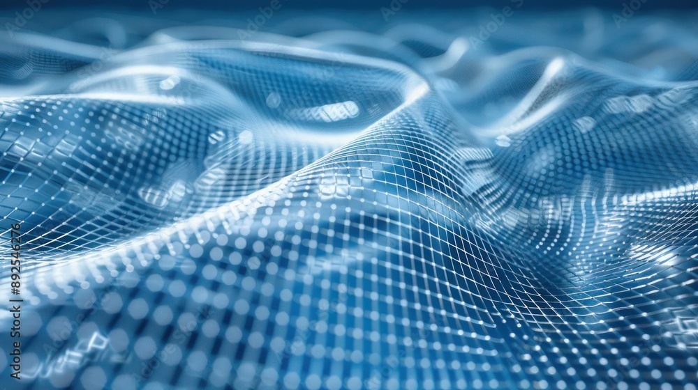 Poster silver digital mesh against a cosmic blue background, creating a high-tech feel suitable for text in
