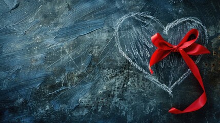 Chalk heart on scratched steel background with red bow ideal for Valentine s Day Square layout with blank area