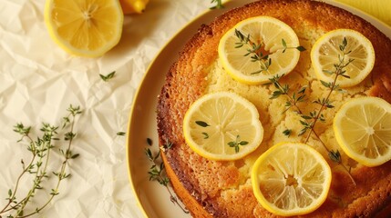 rustic lemon and thyme cake with fresh thyme sprigs on a light yellow background, refreshing and perfect for spring gatherings