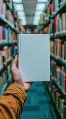 Hand holding a blank white book cover in a bookstore