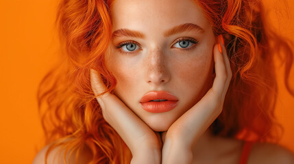 Naklejka premium Young woman with vibrant red hair and freckles, holding her face with both hands against an orange background. Her intense blue eyes and colorful setting create a striking and bold portrait.