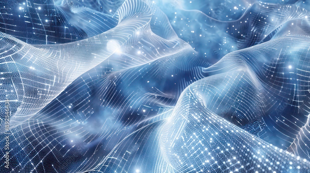 Poster silver digital mesh against a cosmic blue background, creating a high-tech feel suitable for text in