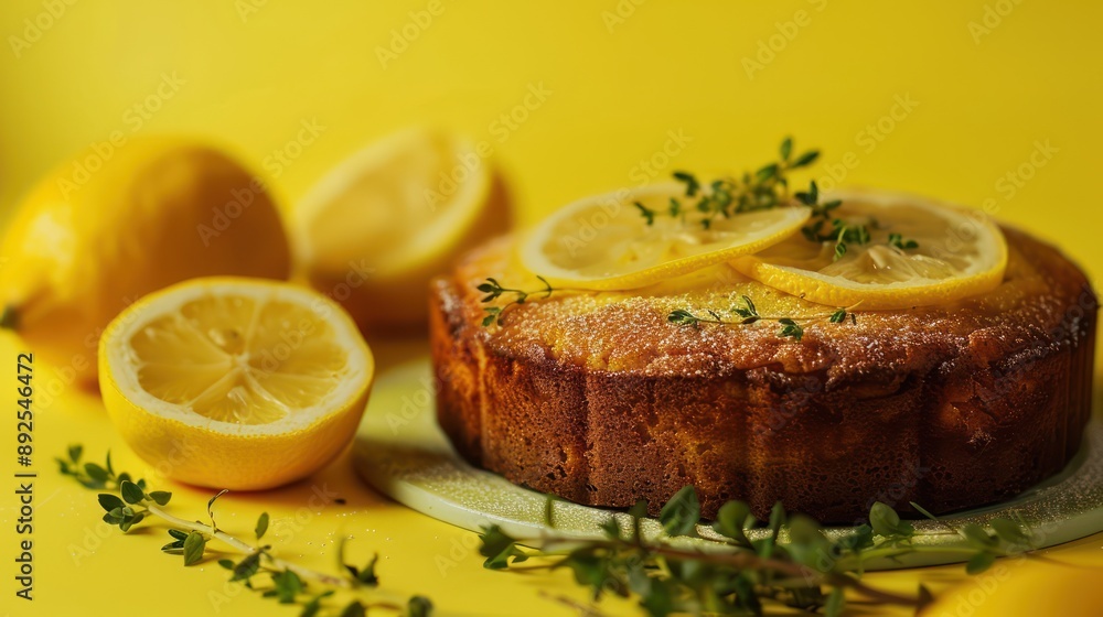 Fototapete rustic lemon and thyme cake on a vibrant citrus yellow background, refreshing and perfect for lively