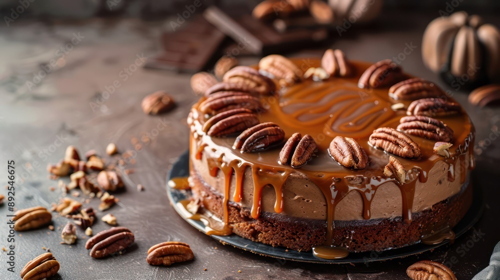 Fototapete rustic maple pecan cake with caramel drizzle on a deep chocolate brown background, cozy and inviting for text