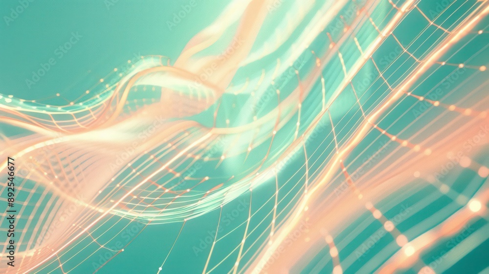 Poster soft glowing lines in a plexus pattern, in shades of aqua and peach against a midnight background