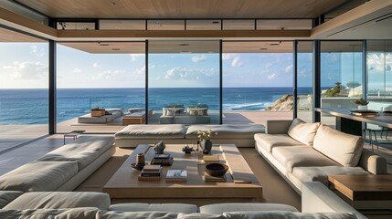 Fototapeta premium Stylish living room in a luxurious modern home offers breathtaking ocean views.