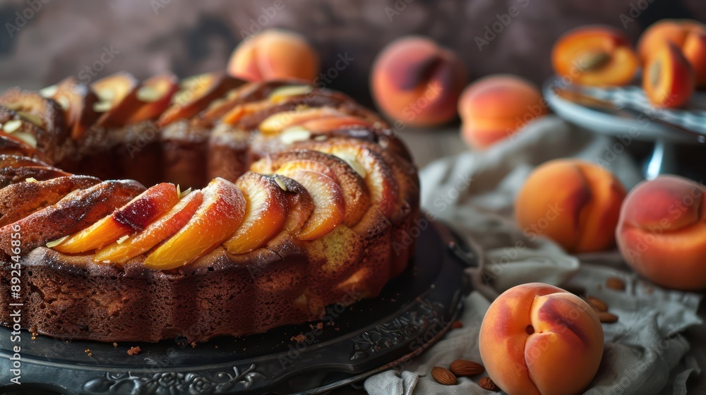 Fototapete rustic peach and almond cake on a warm apricot background, inviting and perfect for summery text