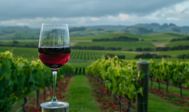 Un calice di vino in un vigneto, con colline e nuvole vibranti sullo sfondo.
