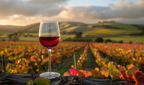 Un calice di vino in un vigneto, con colline e nuvole vibranti sullo sfondo.
