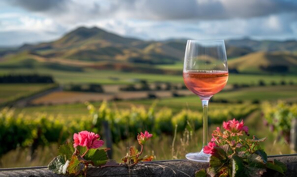 Un calice di vino in un vigneto, con colline e nuvole vibranti sullo sfondo.

