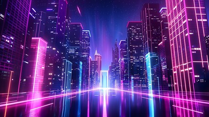 abstract neon background glowing ultraviolet vertical lines cyber space urban scene in virtual reality empty street in fantastic city skyscrapers under the night sky