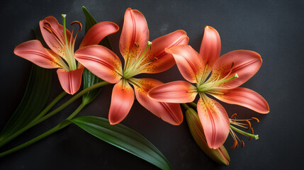 Obraz premium Three vibrant orange lilies on dark background, highlighting their detailed petals and green leaves, exuding elegance and natural beauty.