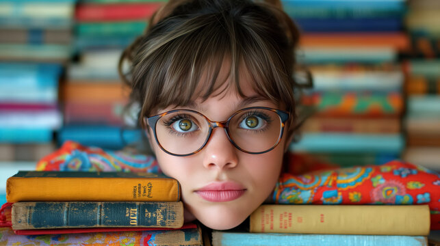 Young woman with glasses resting her head on stacked books, surrounded by colorful covers, creating a studious and whimsical atmosphere. - Powered by Adobe