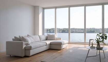 Fototapeta premium Modern Living Room with View of Lake and City Skyline