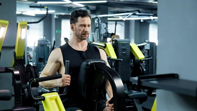 Athlete making exercise for back on row machine. Handsome athlete concentrated during workout. Strength and endurance concept. Plate loaded machine for bodybuilding. 4K, UHD