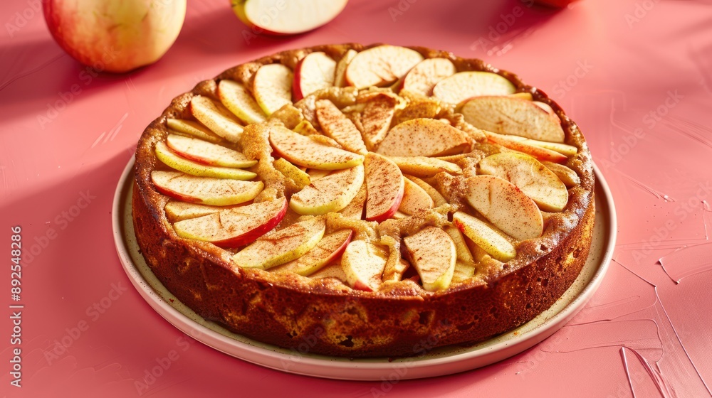 Fototapete rustic spiced apple cake with fresh apple slices on a light red background, cozy and inviting for autumnal text