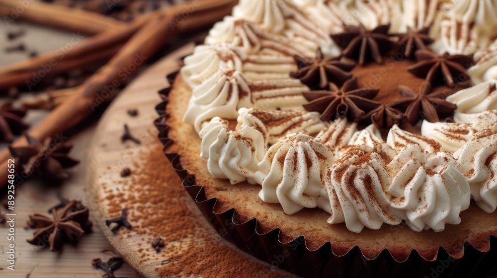 Fototapete rustic spiced chai cake with cream topping on a warm cinnamon background, cozy and inviting for text