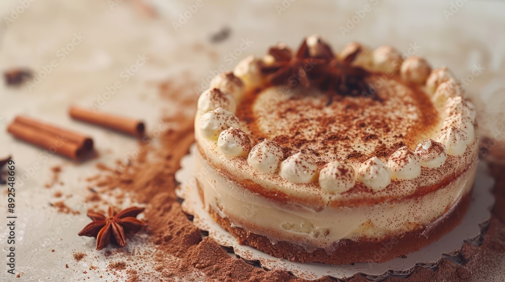 Fototapete rustic spiced chai latte cake with a cinnamon dusting on a soft beige background, cozy and perfect for inviting text