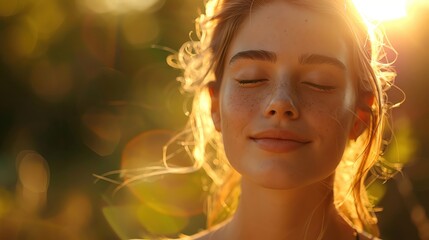 Young woman embracing the morning sun, her eyes closed and a calm smile on her face