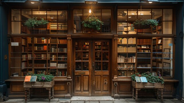 A vintage bookstore storefront with tall shelves visible through the windows, soft lighting, and a classic wooden door.