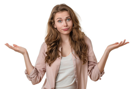 Woman shrugs,confused about something,isolated on white background,web banner