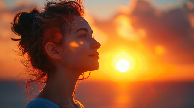 Young woman with her face turned towards the rising sun, capturing the tranquility of the morning light