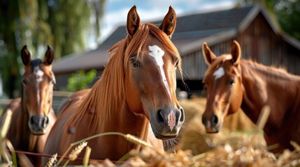 Fototapeta premium Horses in a stable, barn background,