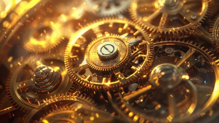 Gold Gears Clockwork Mechanism Closeup.