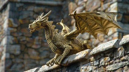 Obraz premium Golden Dragon Statue on Stone Wall.