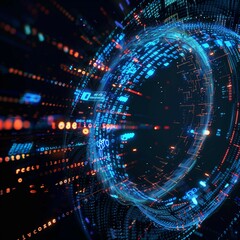 Obraz premium Futuristic digital interface with glowing blue circular hologram and high tech data visualization