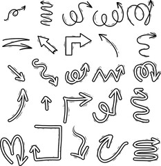 set of black contour arrows for decoration of postcards. collection of hand drawn elements.