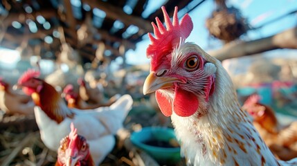 Chickens in a coop, farmyard view,