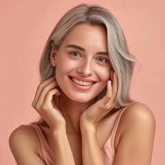 Fototapeta premium Smiling Young Woman with Silver Hair on Soft Pink Background for Beauty and Fashion Design