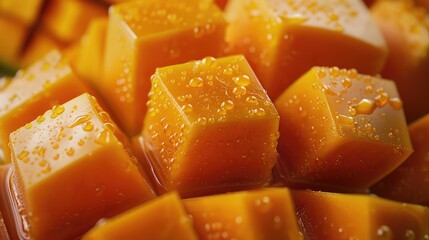 A close-up of a ripe mango cut into cubes, revealing its juicy flesh.