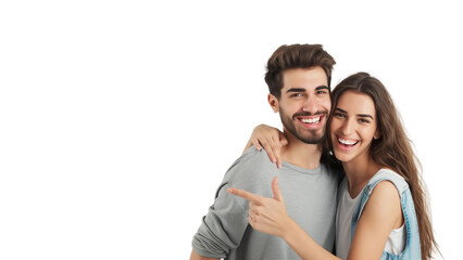 Fototapeta premium Woman and man smiling and pointing at copy space on side,isolated on white background,web banner