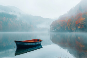 Fototapeta premium Boat on the water, foggy morning.