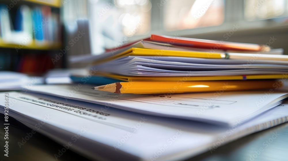 Poster a close-up of a stack of homework assignments on a teacher desk.