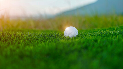 Golf balls on a green lawn in a beautiful golf course with morning sunshine.